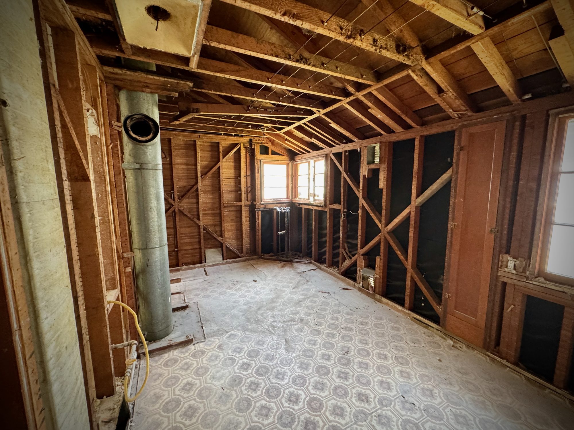 A kitchen stripped to the studs in Oakland